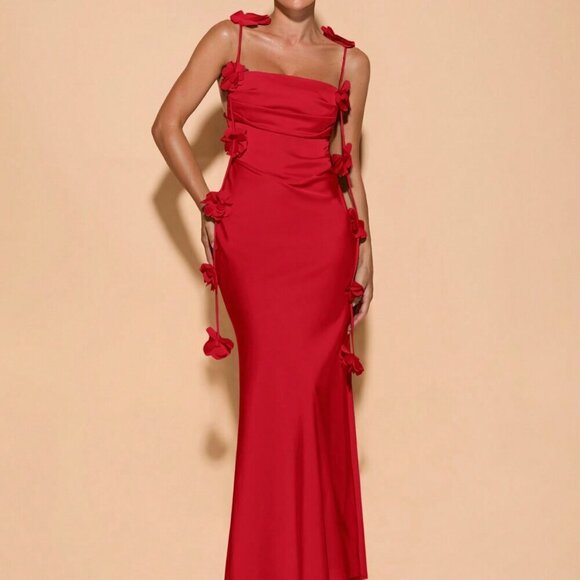 Red Elegant Womens Floral Backless Spaghetti Strap Draped Neck maxi Dress - Picture 3 of 5